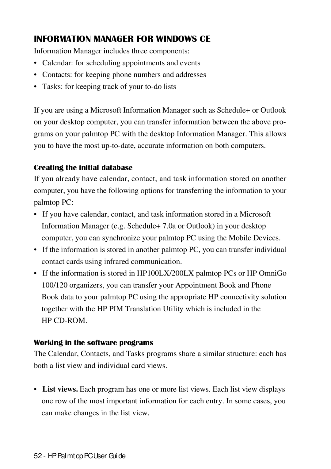 HP Palmtop 660LX manual Information Manager for Windows CE, Creating the initial database, Working in the software programs 