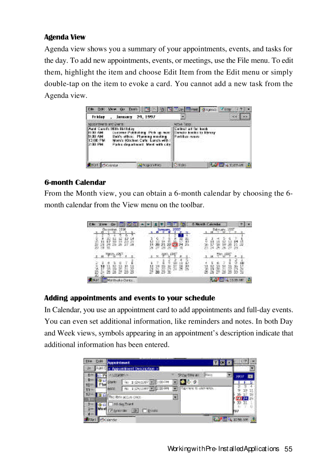 HP Palmtop 620X, Palmtop 660LX manual Agenda View, Month Calendar, Adding appointments and events to your schedule 