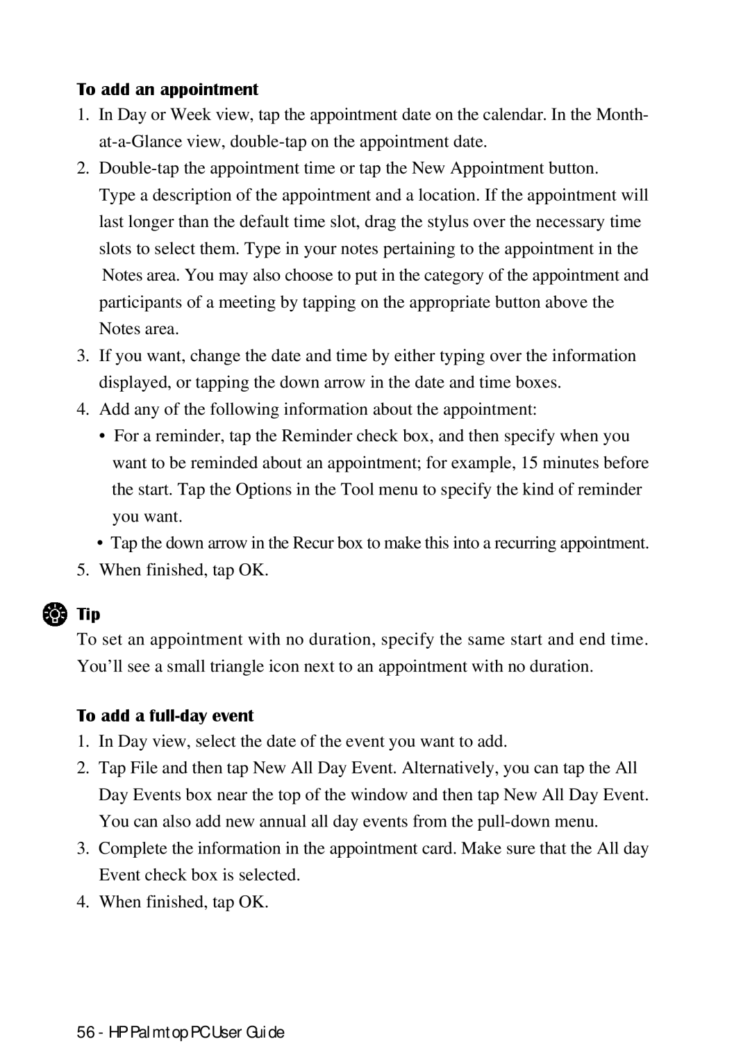 HP Palmtop 660LX, Palmtop 620X manual To add an appointment, To add a full-day event 