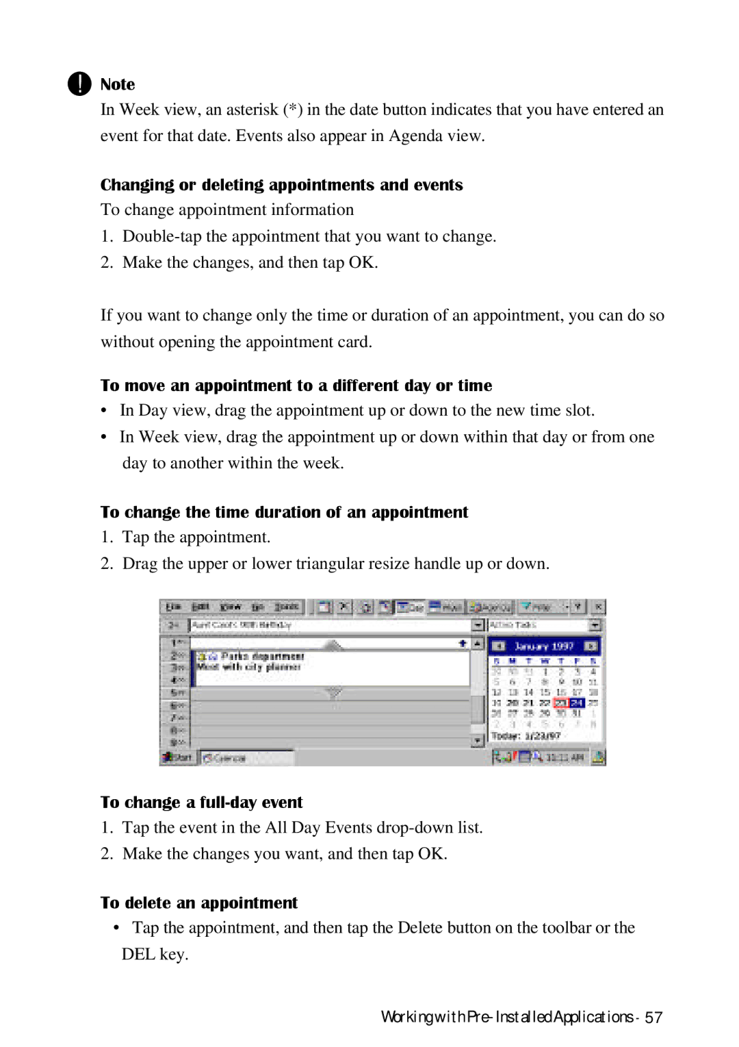 HP Palmtop 620X manual Changing or deleting appointments and events, To move an appointment to a different day or time 