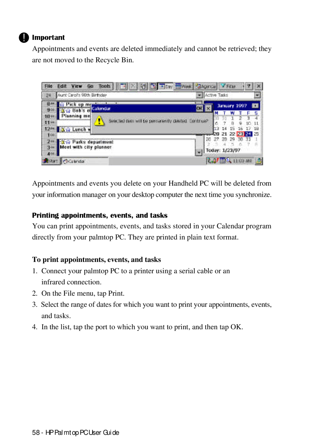 HP Palmtop 660LX, Palmtop 620X manual Printing appointments, events, and tasks, To print appointments, events, and tasks 