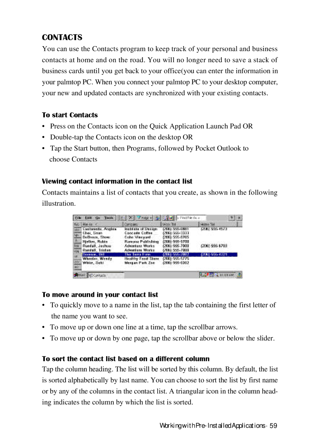 HP Palmtop 620X, Palmtop 660LX manual To start Contacts, Viewing contact information in the contact list 