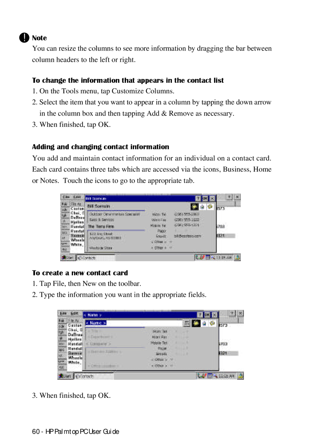 HP Palmtop 660LX manual To change the information that appears in the contact list, Adding and changing contact information 