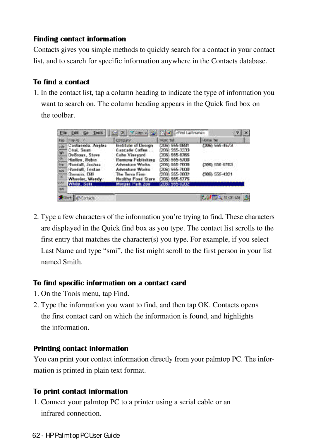 HP Palmtop 660LX manual Finding contact information, To find a contact, To find specific information on a contact card 