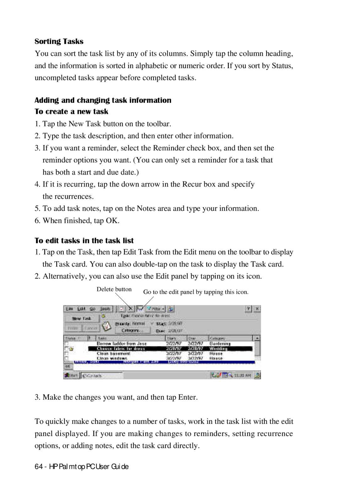 HP Palmtop 660LX Sorting Tasks, Adding and changing task information To create a new task, To edit tasks in the task list 