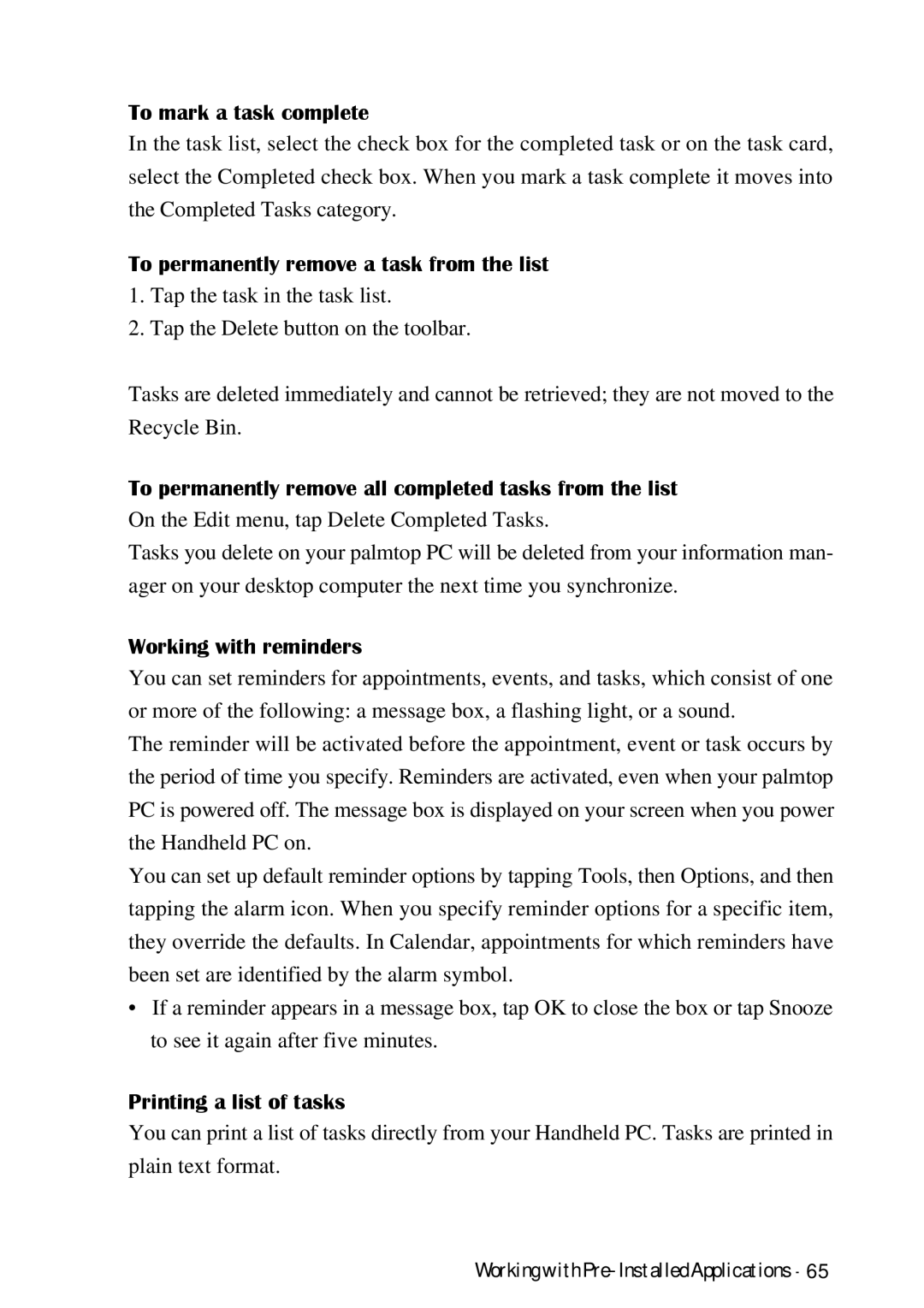 HP Palmtop 620X, Palmtop 660LX To mark a task complete, To permanently remove a task from the list, Working with reminders 