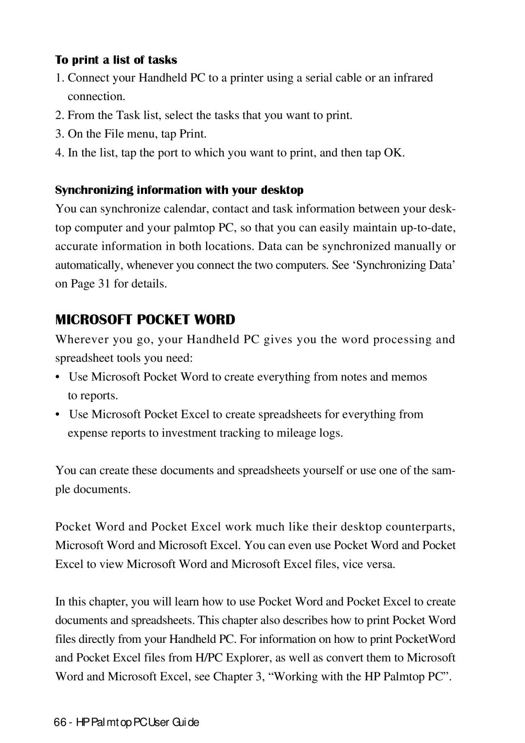 HP Palmtop 660LX manual Microsoft Pocket Word, To print a list of tasks, Synchronizing information with your desktop 