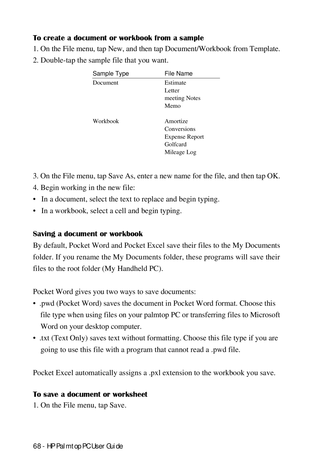 HP Palmtop 660LX, Palmtop 620X manual To create a document or workbook from a sample, Saving a document or workbook 