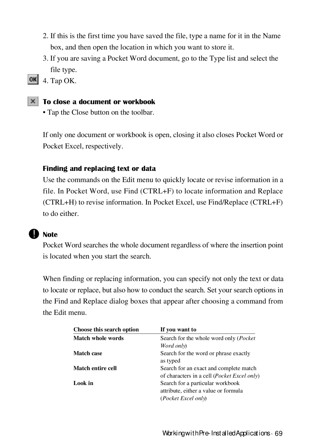 HP Palmtop 620X, Palmtop 660LX manual To close a document or workbook, Finding and replacing text or data 