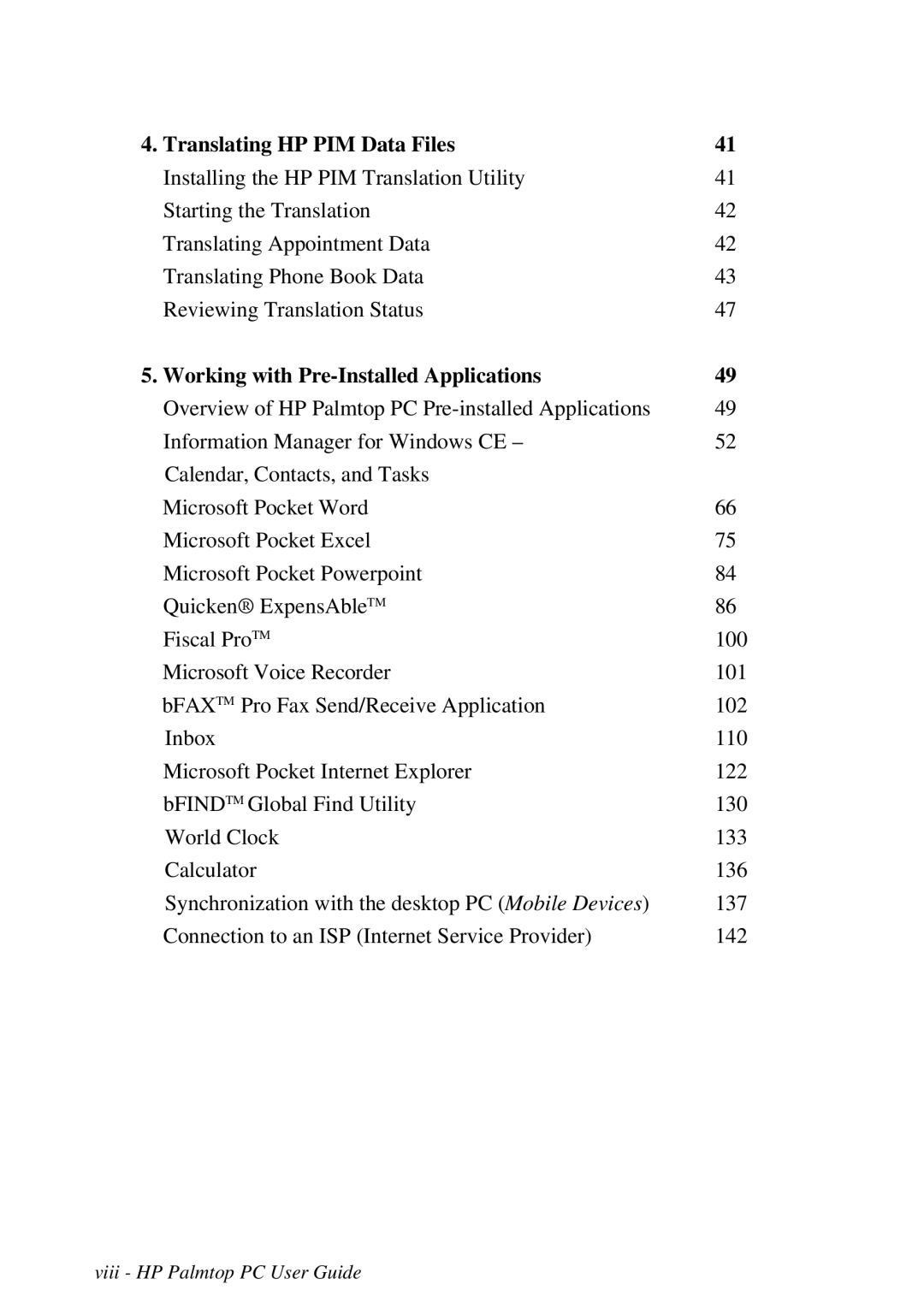 HP Palmtop 660LX, Palmtop 620X manual Translating HP PIM Data Files, Working with Pre-Installed Applications 