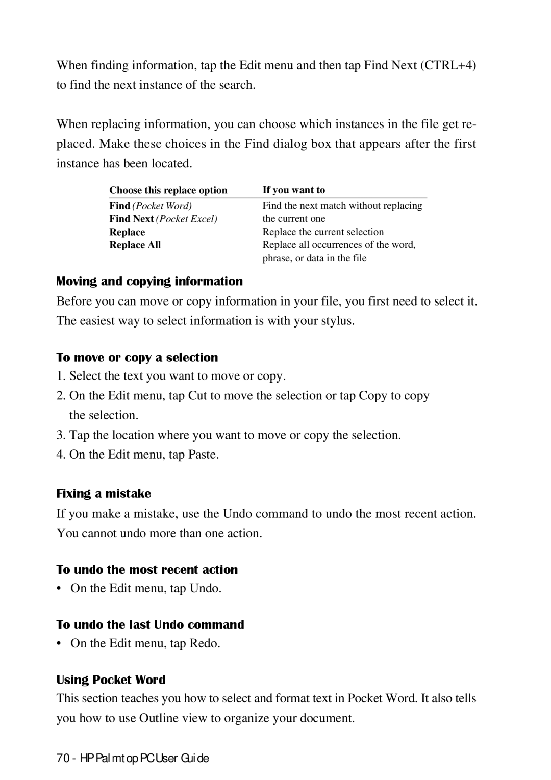 HP Palmtop 660LX manual Moving and copying information, To move or copy a selection, Fixing a mistake, Using Pocket Word 
