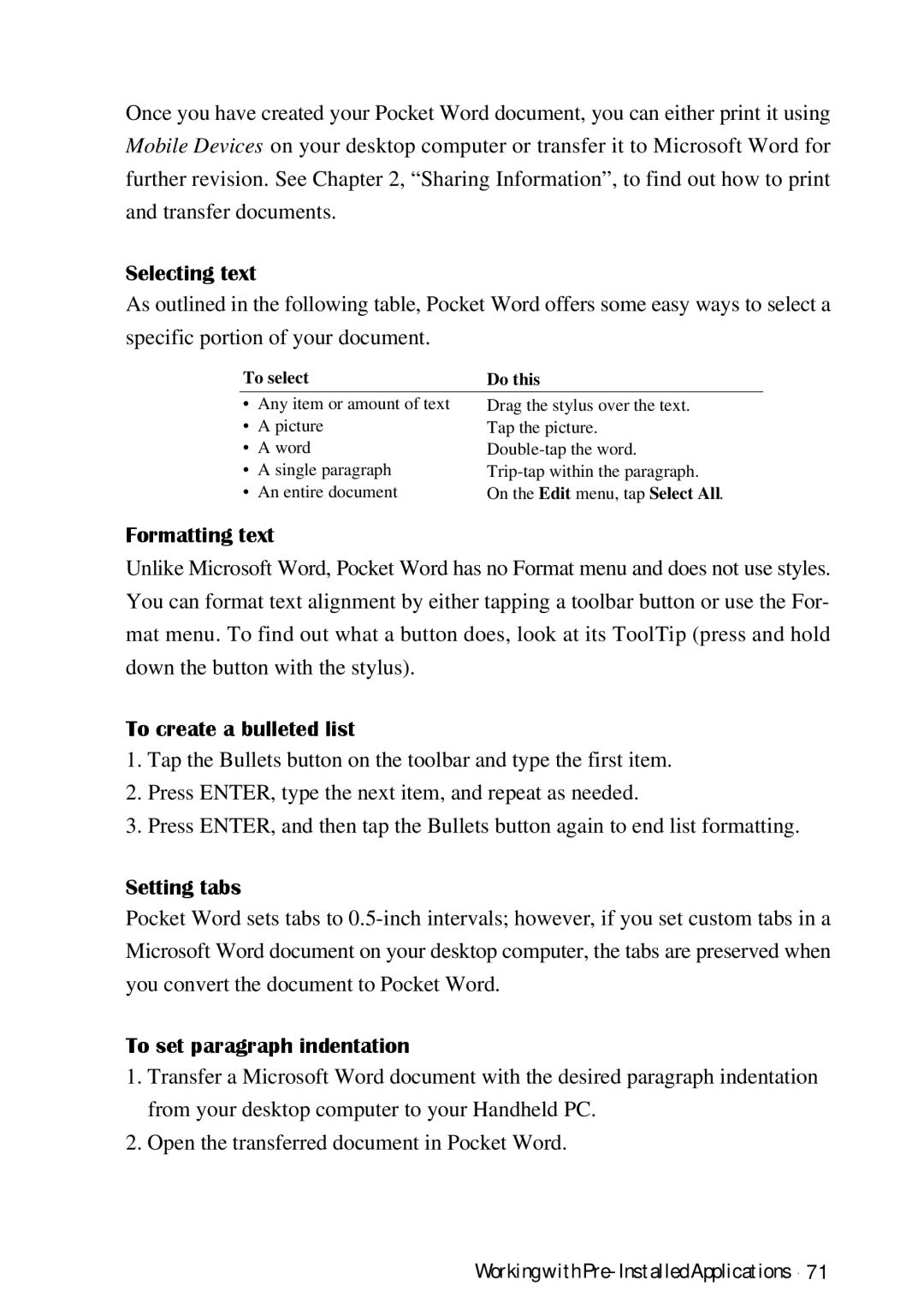 HP Palmtop 620X Selecting text, Formatting text, To create a bulleted list, Setting tabs, To set paragraph indentation 