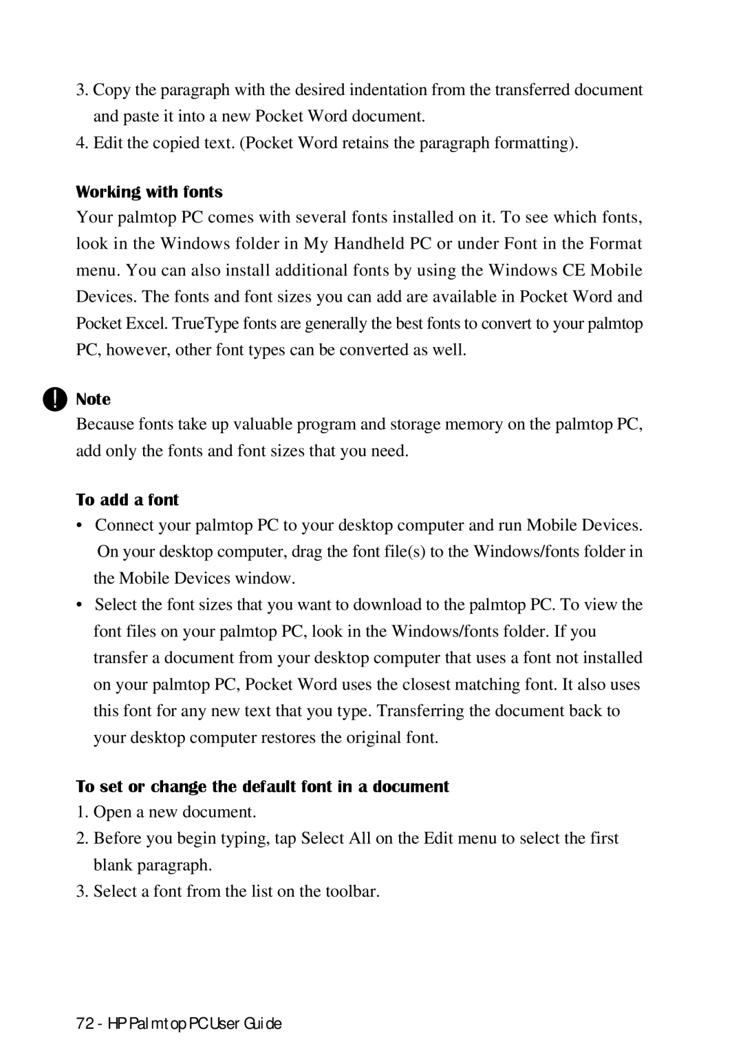 HP Palmtop 660LX, Palmtop 620X manual Working with fonts, To add a font, To set or change the default font in a document 