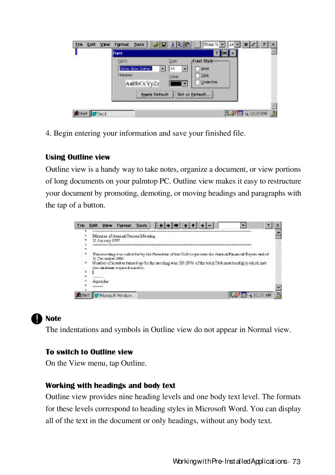 HP Palmtop 620X, Palmtop 660LX manual Using Outline view, To switch to Outline view, Working with headings and body text 