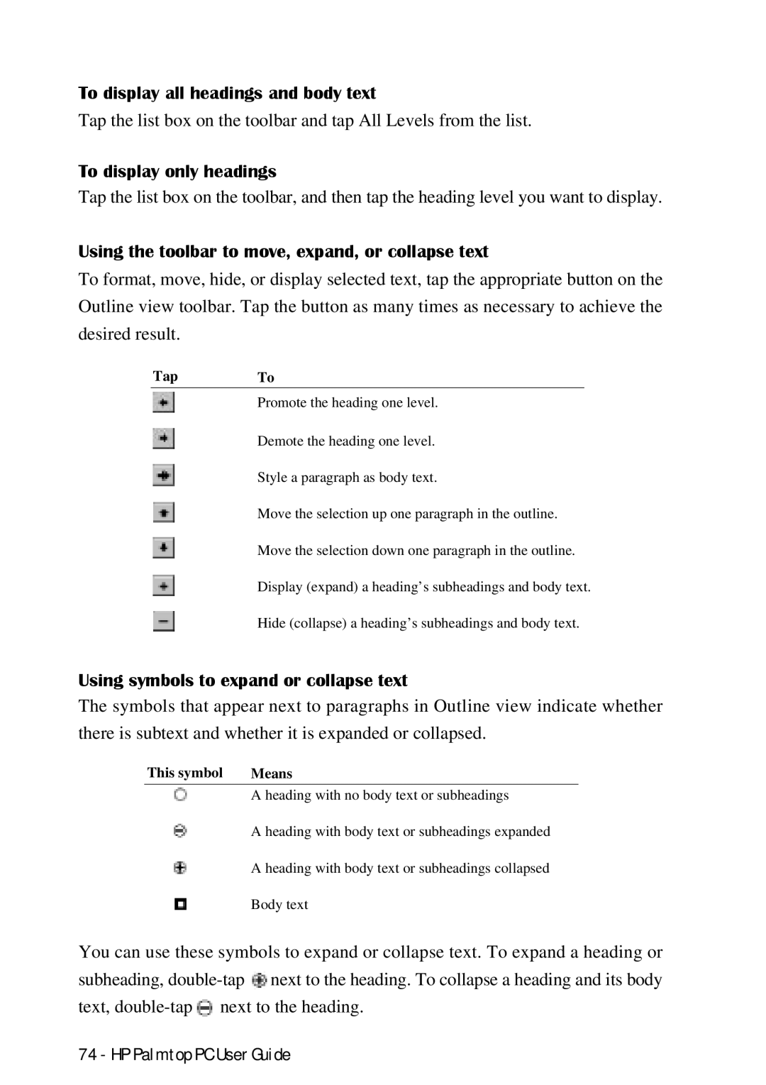 HP Palmtop 660LX To display all headings and body text, To display only headings, Using symbols to expand or collapse text 