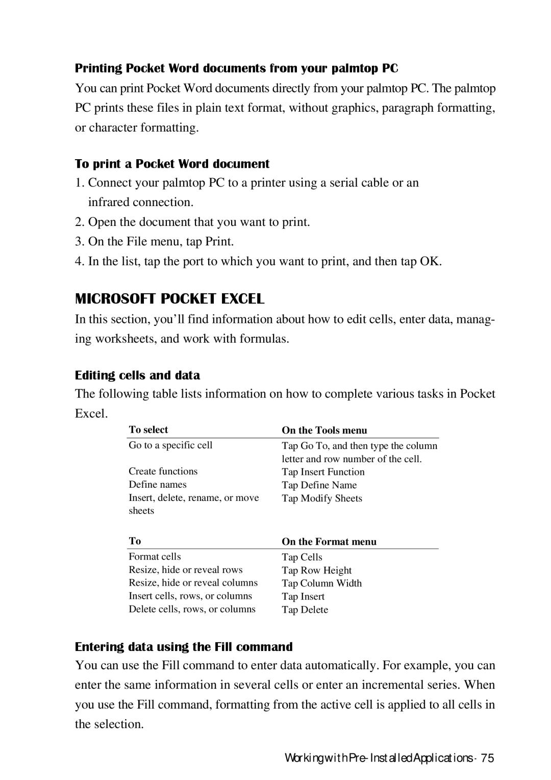 HP Palmtop 620X manual Microsoft Pocket Excel, Printing Pocket Word documents from your palmtop PC, Editing cells and data 