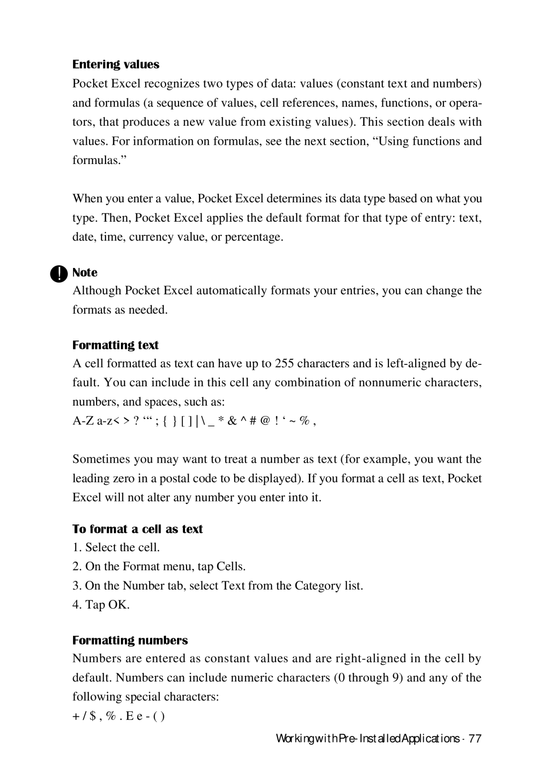 HP Palmtop 620X, Palmtop 660LX manual Entering values, To format a cell as text, Formatting numbers 