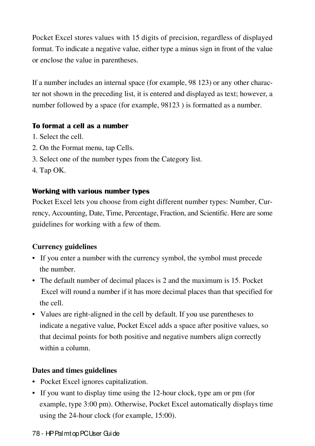 HP Palmtop 660LX, Palmtop 620X manual To format a cell as a number, Working with various number types, Currency guidelines 