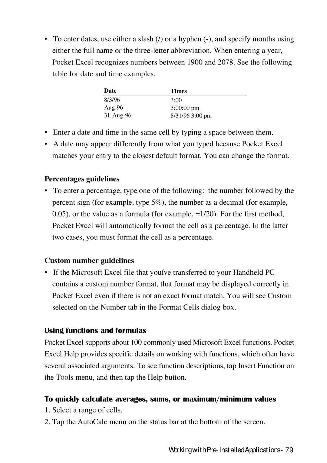 HP Palmtop 620X, Palmtop 660LX manual Percentages guidelines, Custom number guidelines, Using functions and formulas 