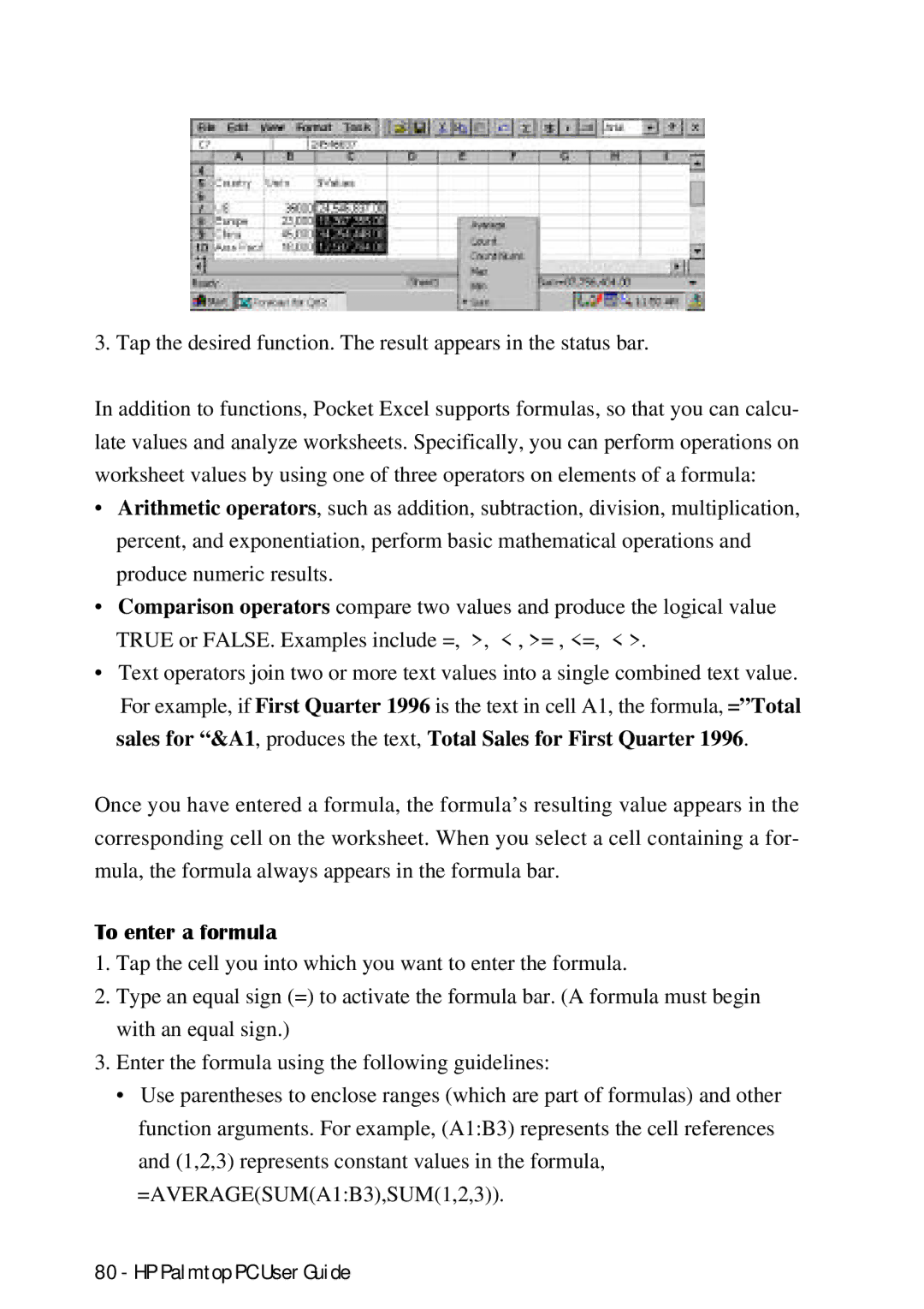 HP Palmtop 660LX, Palmtop 620X manual To enter a formula 