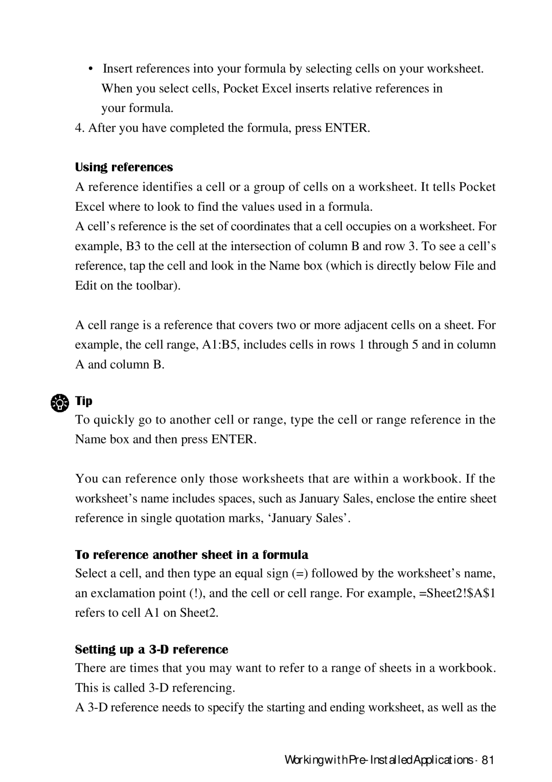 HP Palmtop 620X, Palmtop 660LX manual Using references, To reference another sheet in a formula, Setting up a 3-D reference 