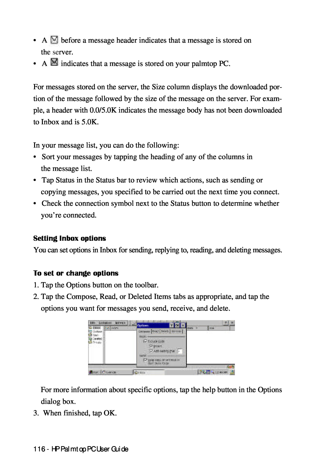 HP Palmtop 660LX, Palmtop 620X manual Setting Inbox options, To set or change options, HPPalmtopPCUserGuide 