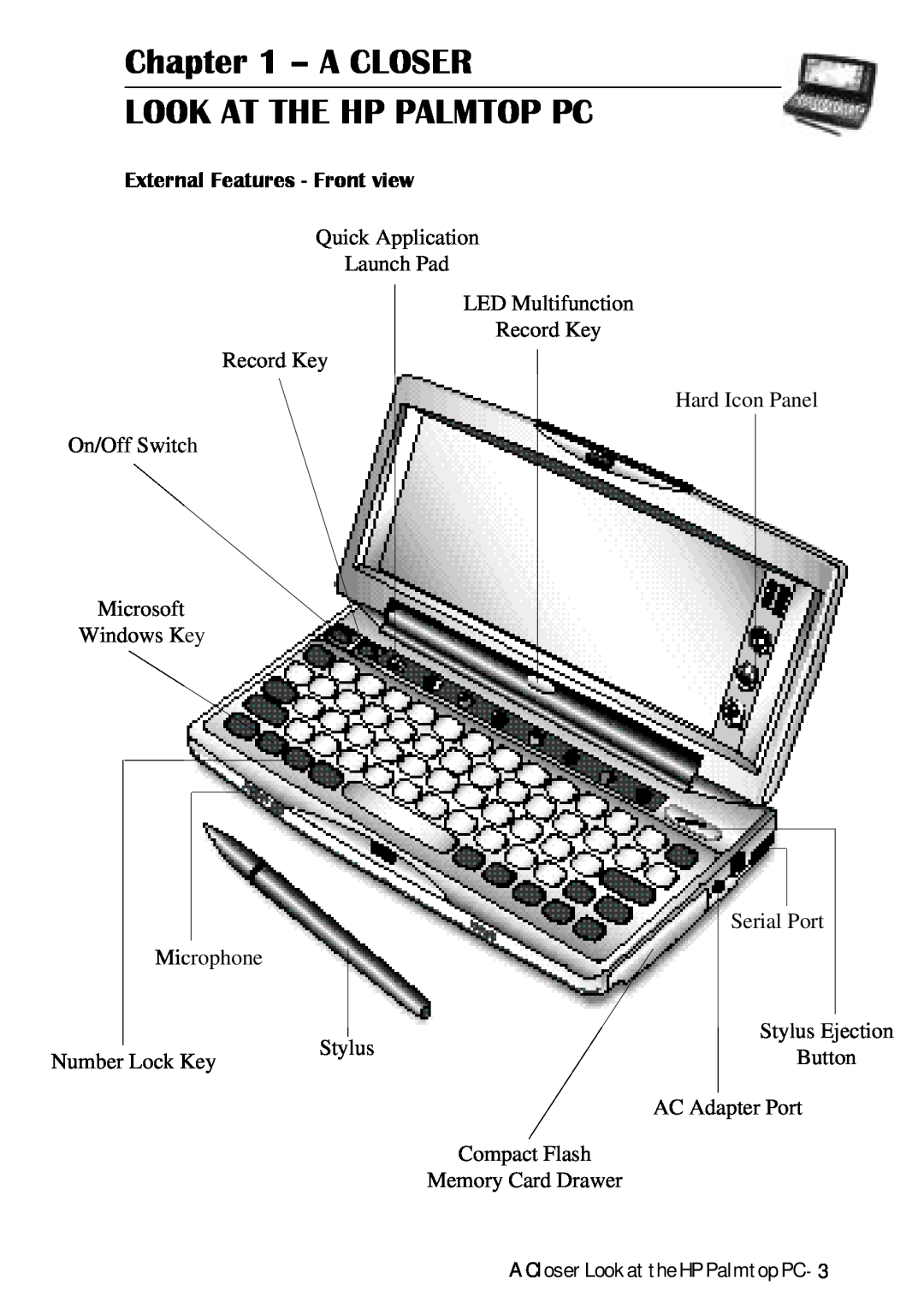HP Palmtop 620X, Palmtop 660LX manual A Closer Look At The Hp Palmtop Pc, External Features - Front view 