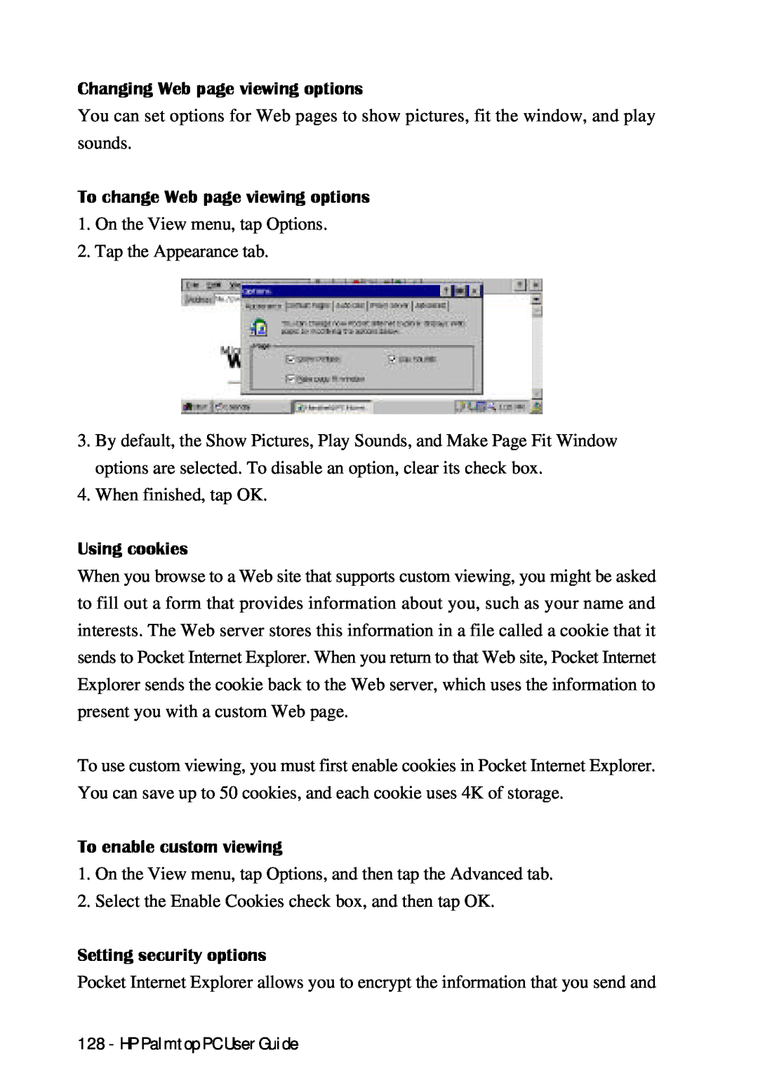 HP Palmtop 660LX, Palmtop 620X manual Changing Web page viewing options, To change Web page viewing options, Using cookies 