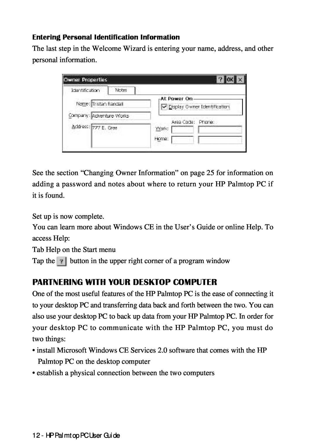 HP Palmtop 660LX, Palmtop 620X manual Partnering With Your Desktop Computer, Entering Personal Identification Information 