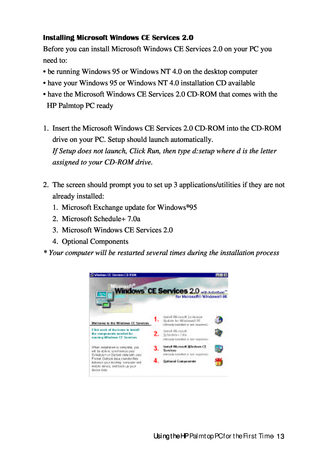 HP Palmtop 620X, Palmtop 660LX manual Installing Microsoft Windows CE Services 