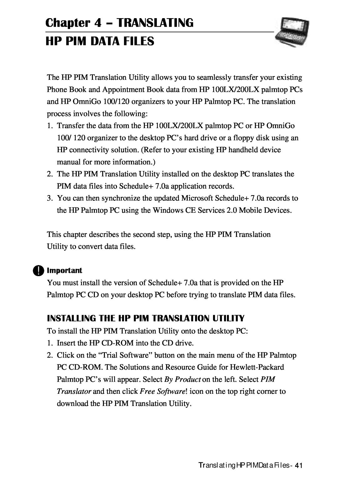 HP Palmtop 620X, Palmtop 660LX manual Translating Hp Pim Data Files, Installing The Hp Pim Translation Utility 
