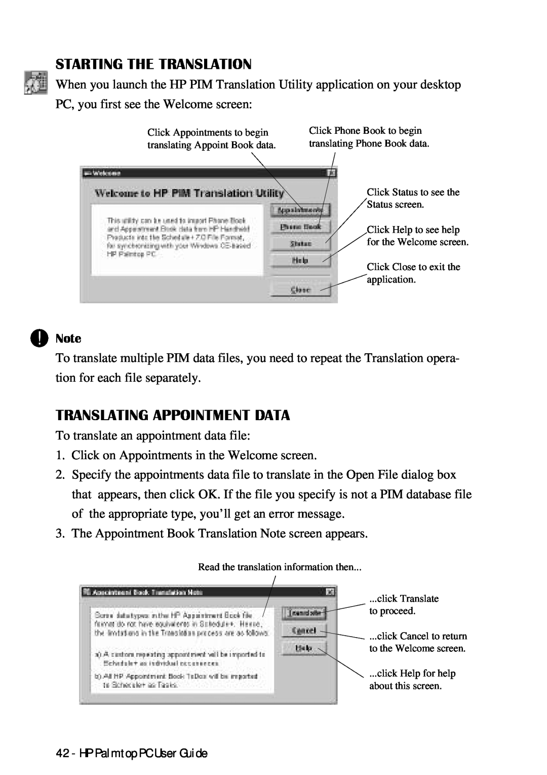 HP Palmtop 660LX, Palmtop 620X manual Starting The Translation, Translating Appointment Data 