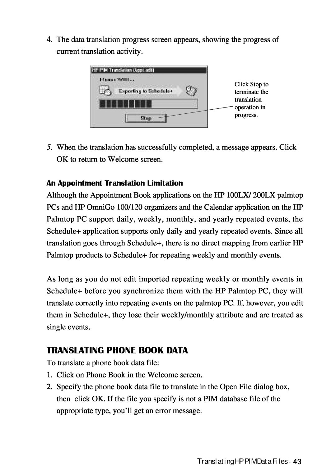 HP Palmtop 620X, Palmtop 660LX manual Translating Phone Book Data, An Appointment Translation Limitation 