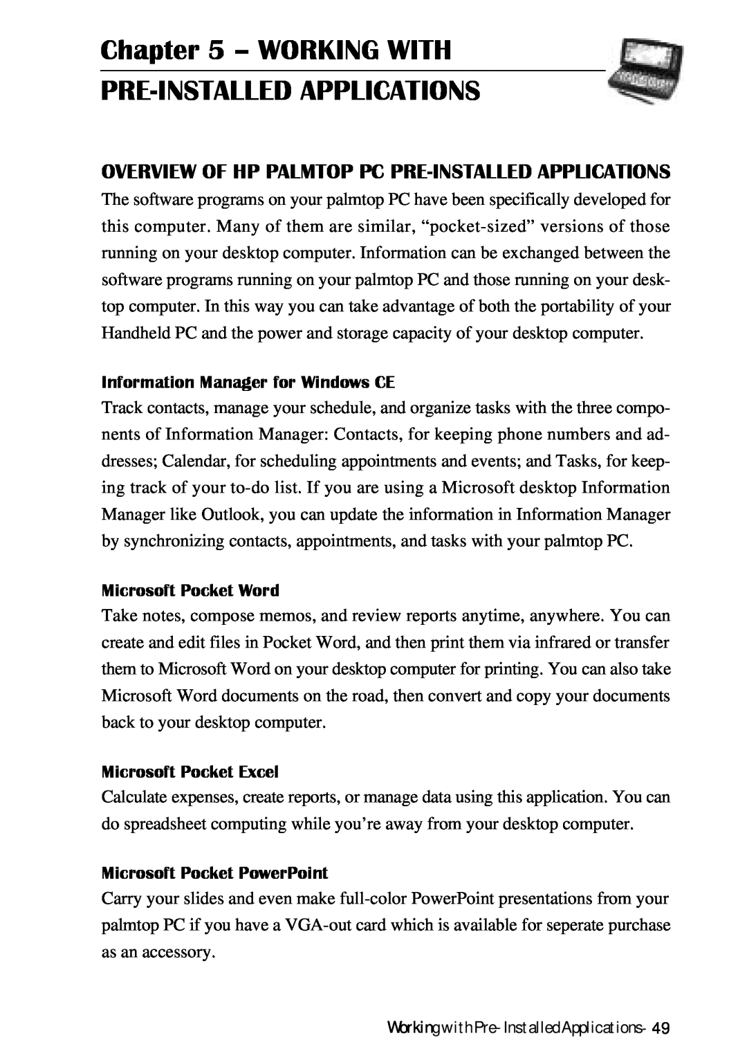 HP Palmtop 620X manual Working With Pre-Installed Applications, Information Manager for Windows CE, Microsoft Pocket Word 