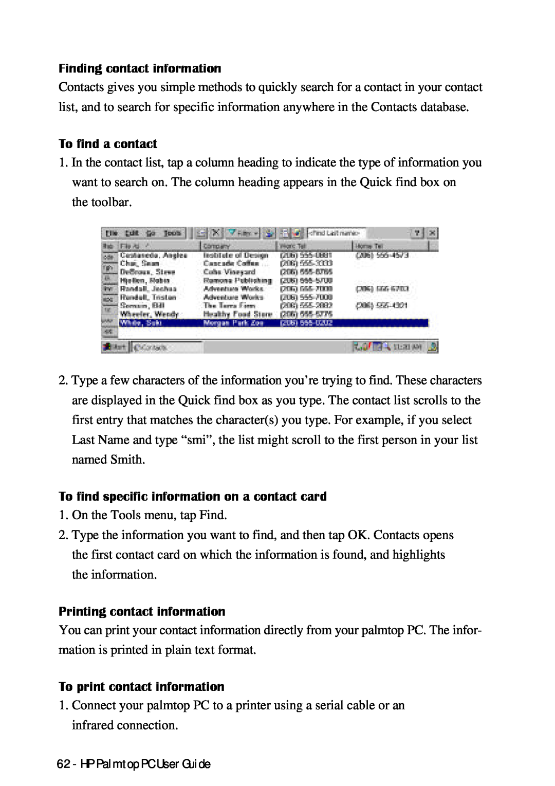HP Palmtop 660LX manual Finding contact information, To find a contact, To find specific information on a contact card 
