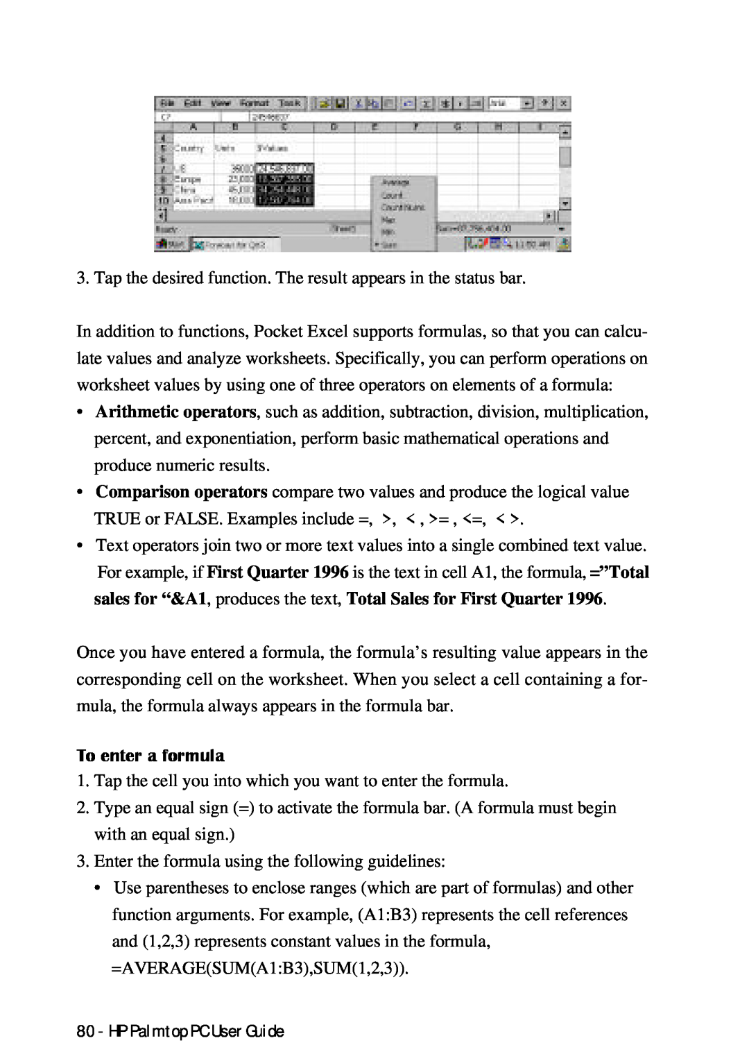 HP Palmtop 660LX, Palmtop 620X manual To enter a formula 