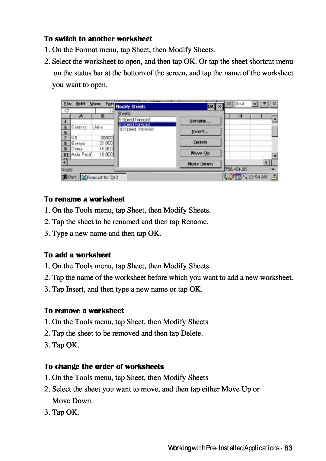 HP Palmtop 620X manual To switch to another worksheet, To rename a worksheet, To add a worksheet, To remove a worksheet 