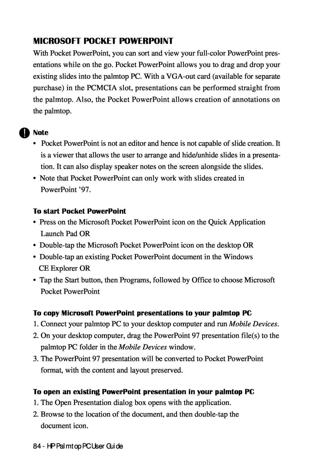 HP Palmtop 660LX, Palmtop 620X manual Microsoft Pocket Powerpoint, To start Pocket PowerPoint 