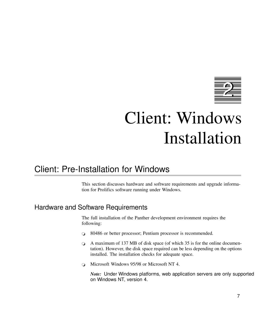 HP Panter 2Tier manual Client Windows Installation, Client Pre-Installation for Windows, Hardware and Software Requirements 