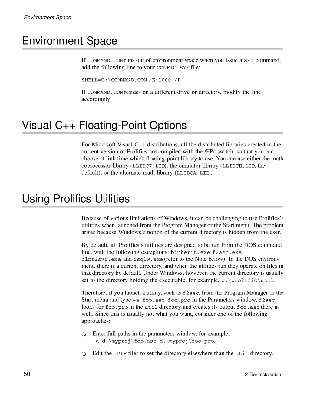 HP Panter 2Tier manual Environment Space Visual C++ Floating-Point Options, Using Prolifics Utilities 