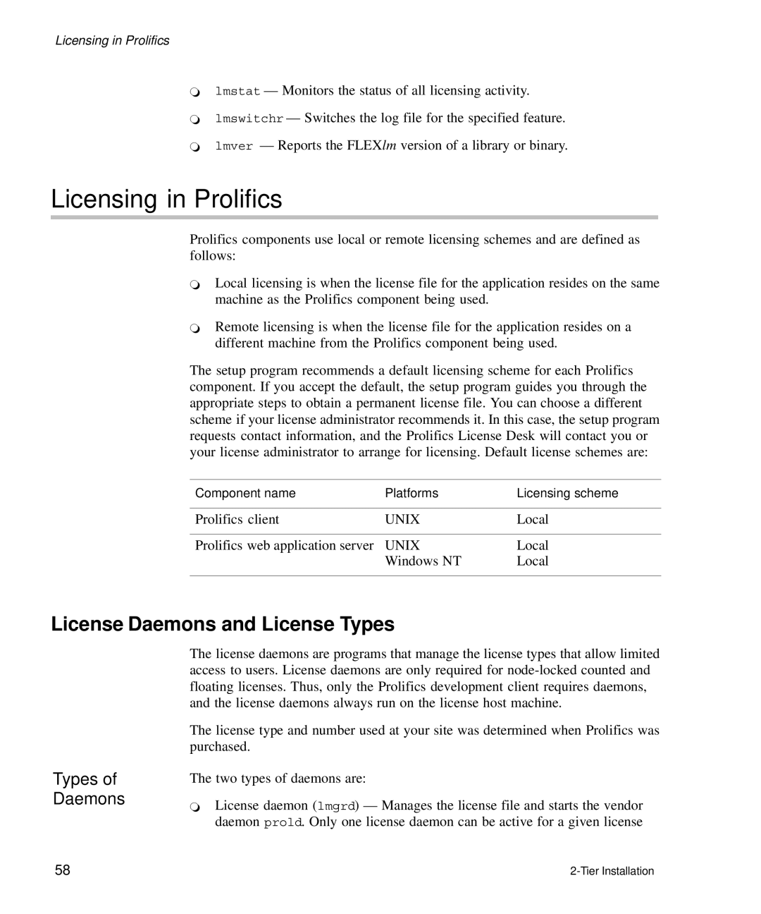 HP Panter 2Tier manual Licensing in Prolifics, License Daemons and License Types, Types Daemons 