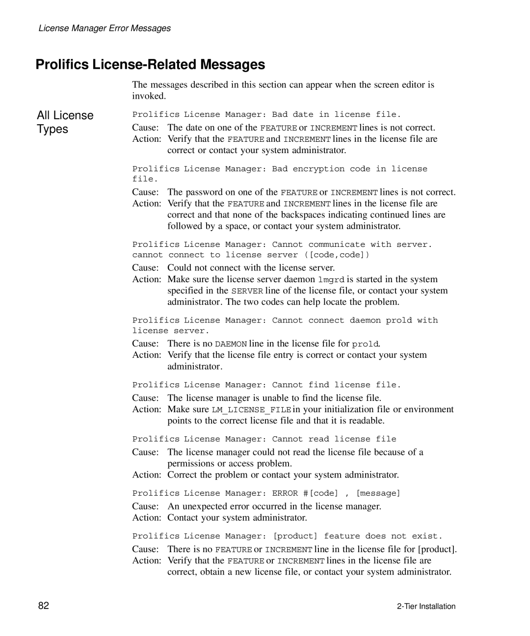 HP Panter 2Tier manual Prolifics License-Related Messages, All License Types 