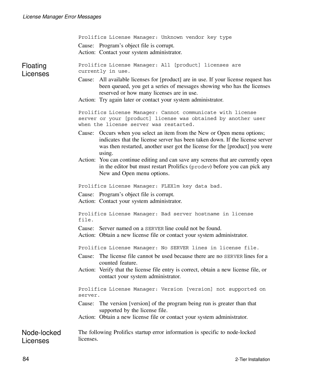 HP Panter 2Tier manual Floating Licenses, Node-locked Licenses 