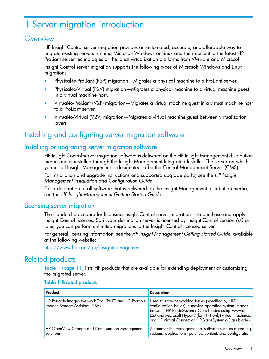 HP PART NUMBER: 461487-401A Server migration introduction, Overview, Installing and configuring server migration software 