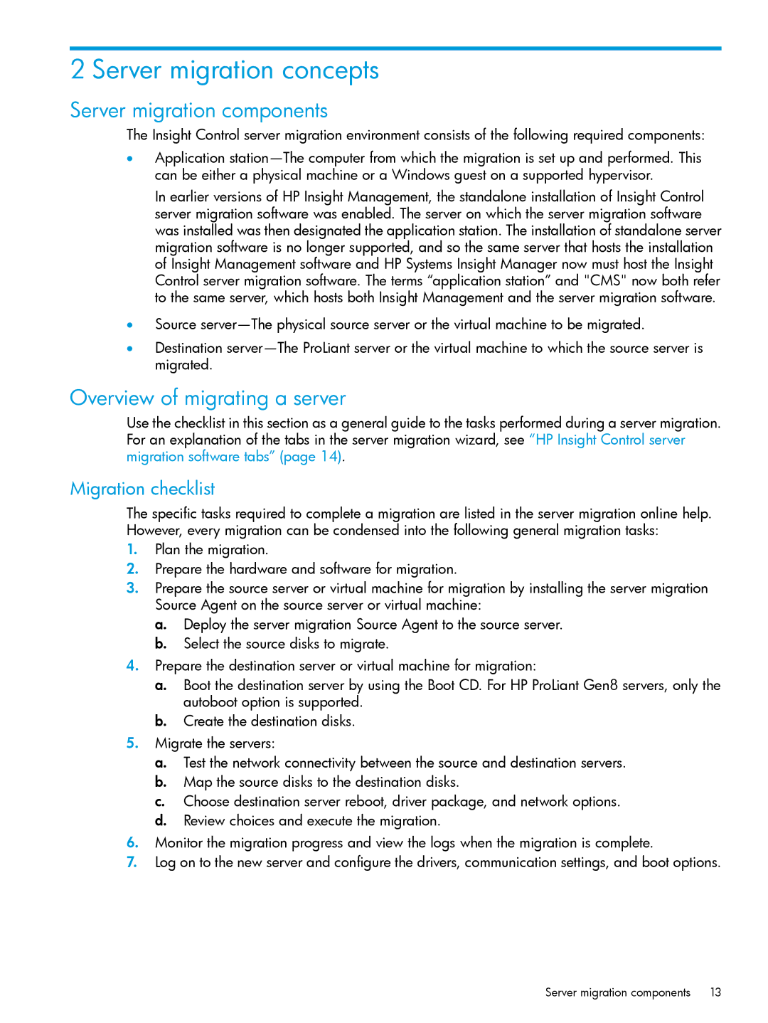 HP PART NUMBER: 461487-401A manual Server migration concepts, Server migration components, Overview of migrating a server 