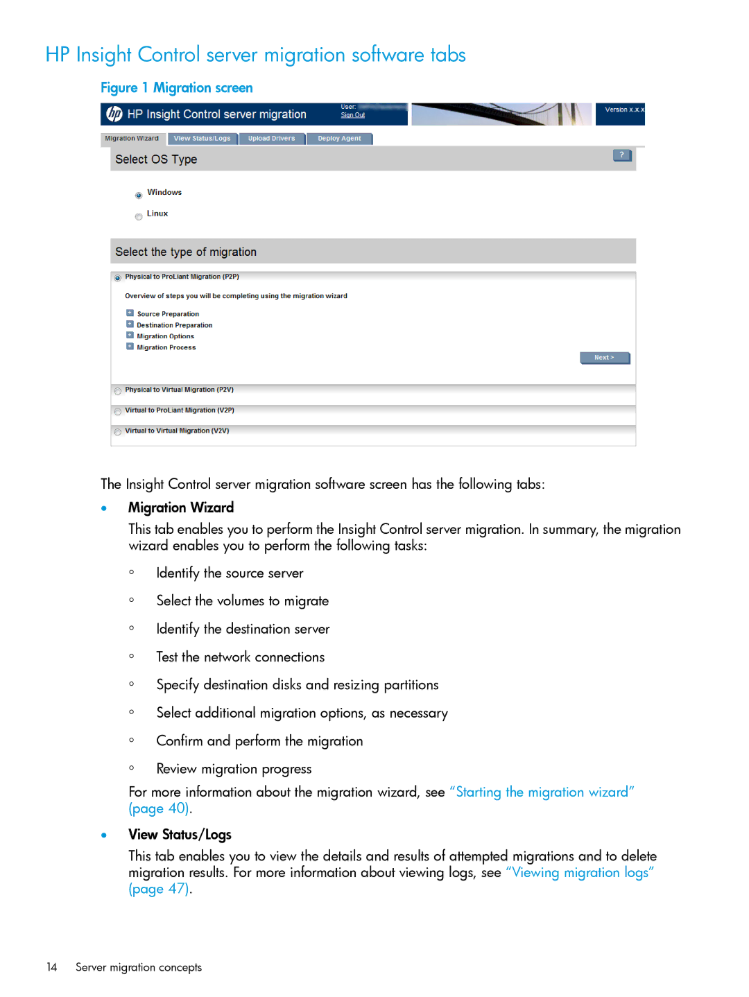 HP PART NUMBER: 461487-401A manual HP Insight Control server migration software tabs, Migration screen 