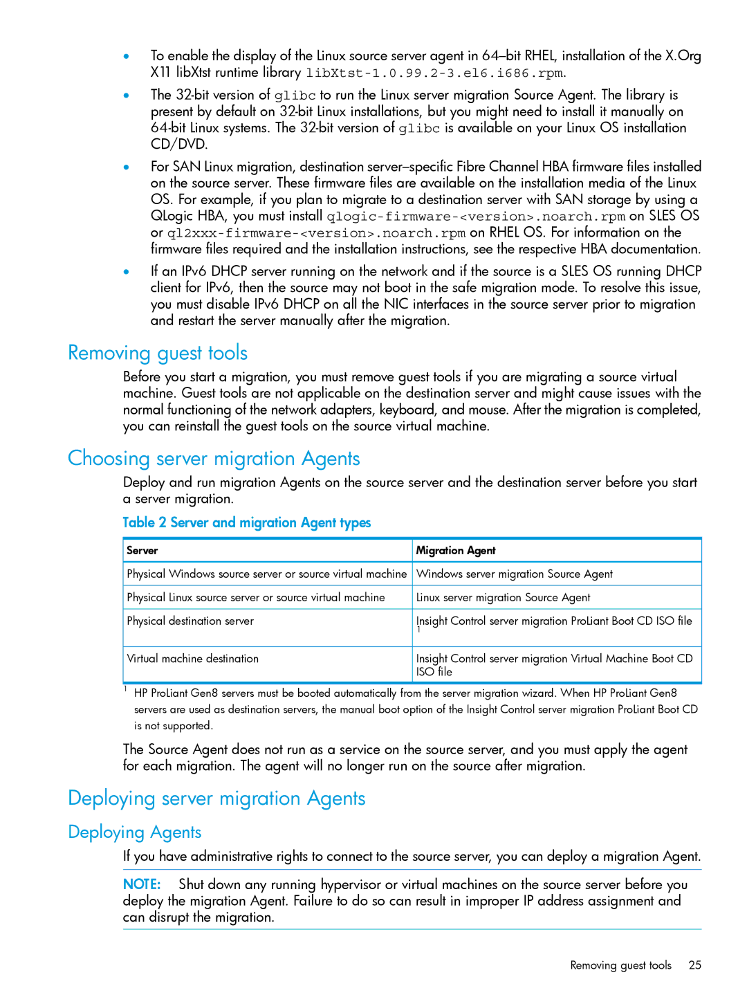 HP PART NUMBER: 461487-401A Removing guest tools, Choosing server migration Agents, Deploying server migration Agents 