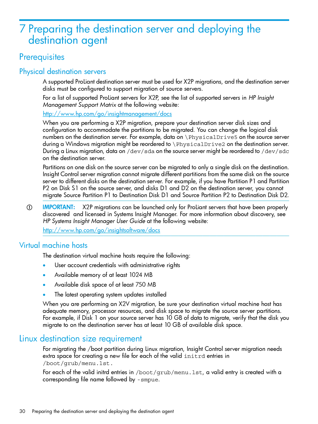 HP PART NUMBER: 461487-401A manual Prerequisites, Linux destination size requirement, Physical destination servers 