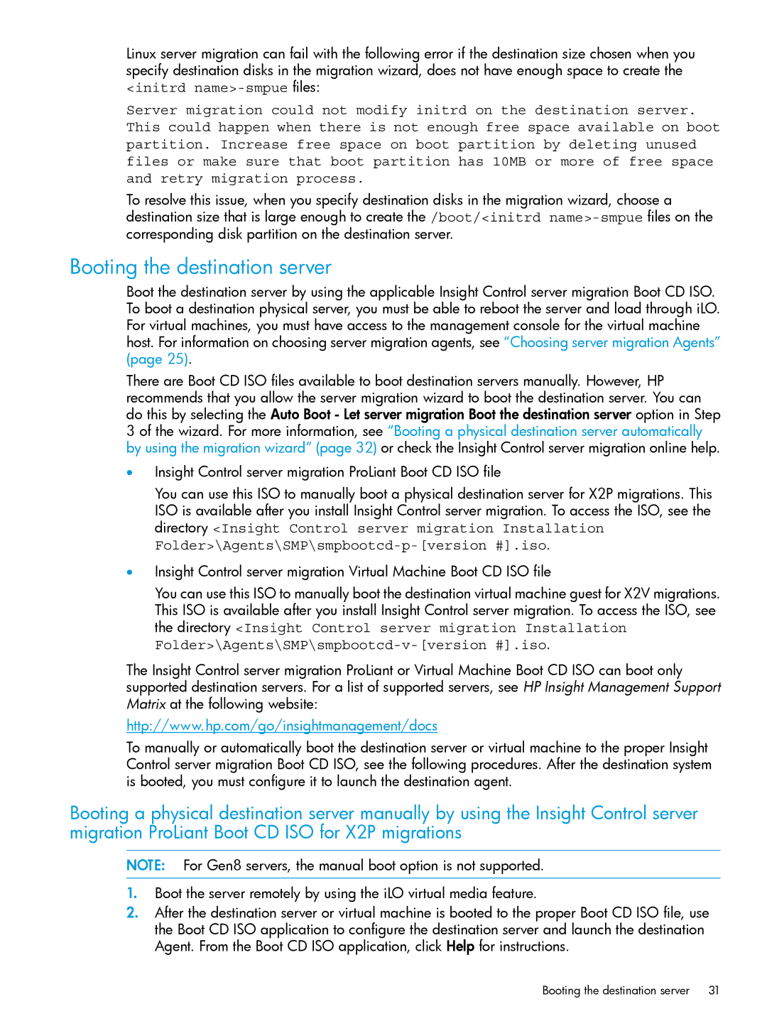 HP PART NUMBER: 461487-401A manual Booting the destination server 