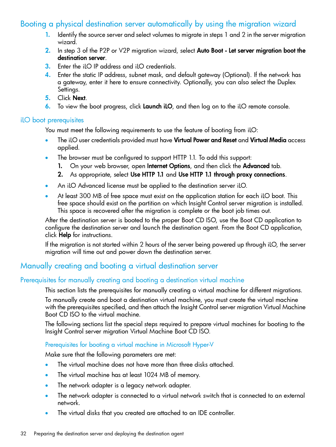 HP PART NUMBER: 461487-401A manual Manually creating and booting a virtual destination server, ILO boot prerequisites 